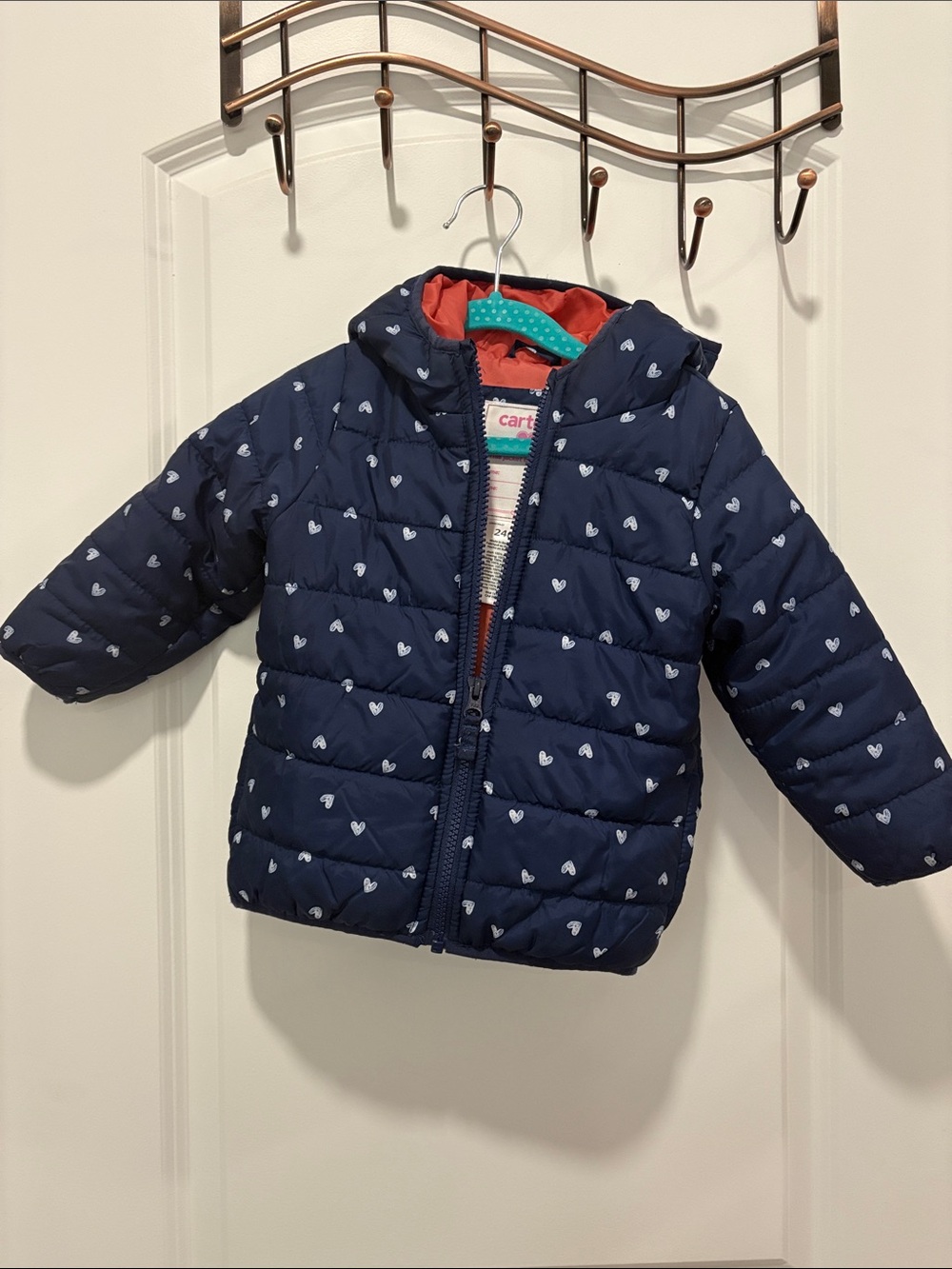 Carter's Navy Puffer Jacket with Coral Lining and White Heart Print